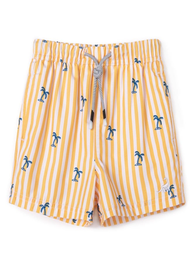 SURF CUZ Boys Swim Trunks Swimsuit for Toddler Boy Bathing Suits Quick Dry Kids Board Shorts UPF 50+ Mesh Swim Shorts Yellow Stripe Palm 7 Years - Image 1